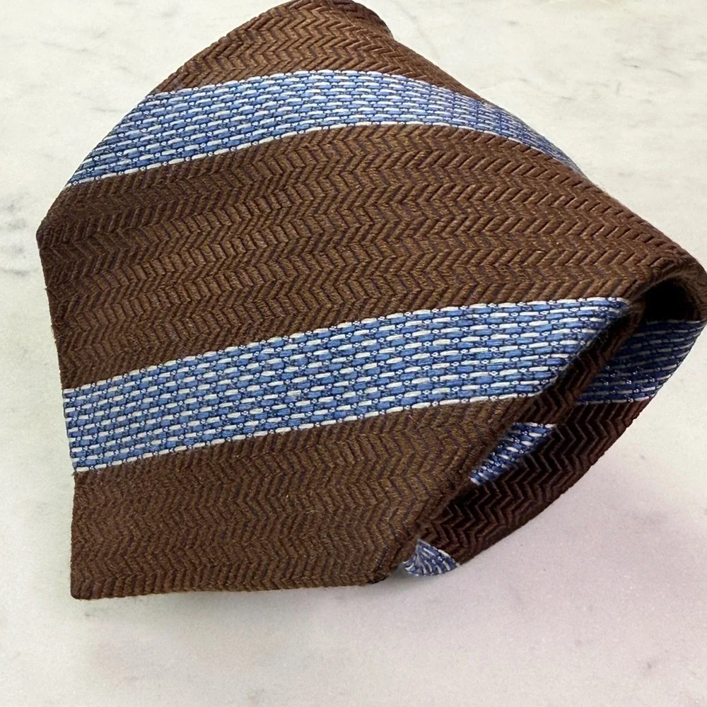 Sopranos Mens 100% Silk Tie Brown Blue Stripe Herringbone Repp Necktie Boss